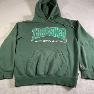 HUF Hoodie Mens Small Green Pullover Fleece Thrasher HUF Worldwide Graphic